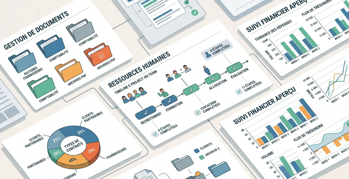 Documents numériques de plusieurs services et circuit de facturation affichés dans une interface professionnelle